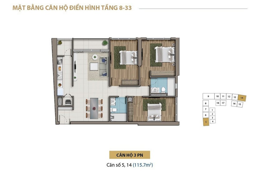 Mặt bằng layout căn hộ 3 phòng ngủ saigon royal tầng 8 - 33 (tháp 1)