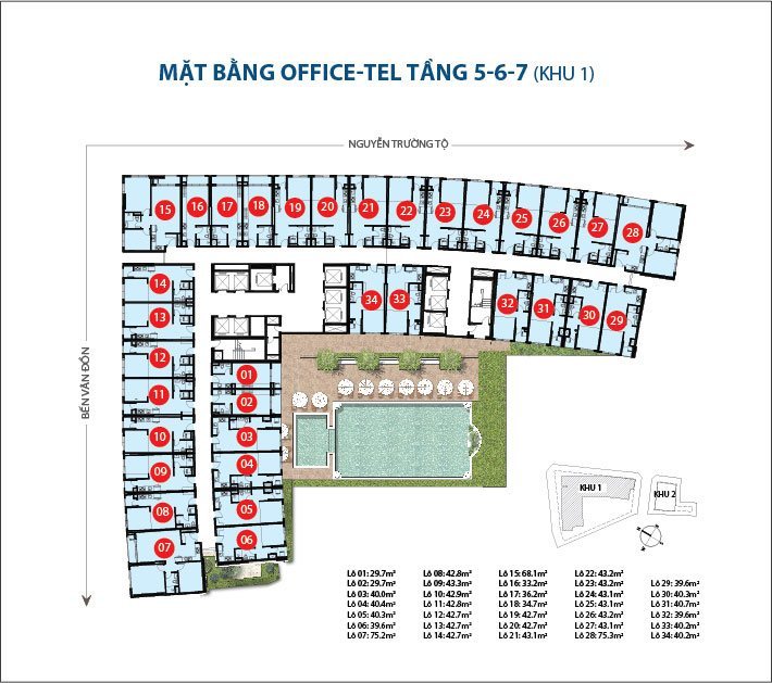 Mặt bằng layout căn hộ officetel tầng 5, 6, 7 saigon royal (tháp 1)