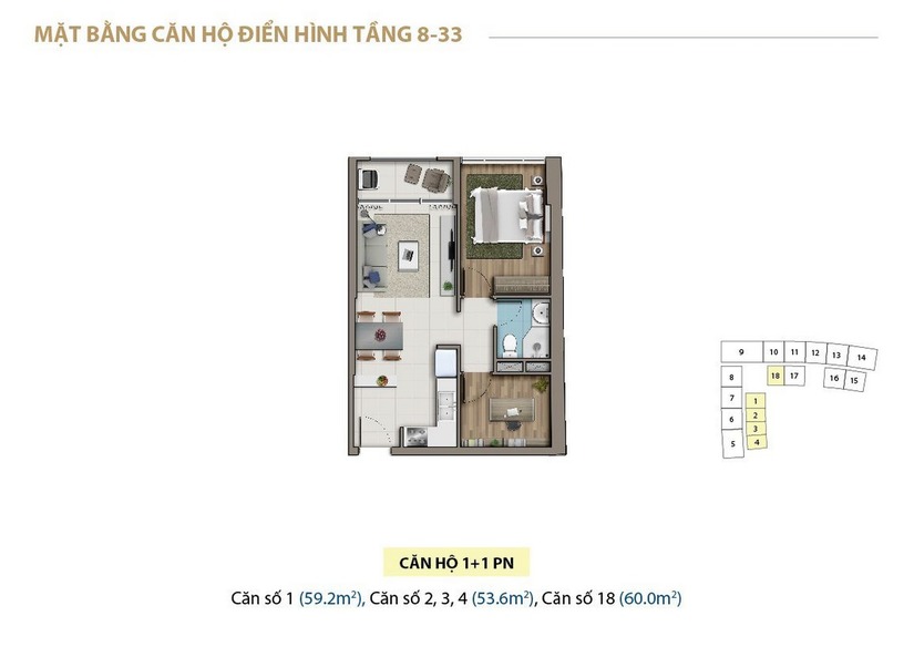 Mặt bằng thiết kế layout căn hộ 1 phòng ngủ + 1 saigon royal quận 4 tầng 8 đến 17 (tháp 1)