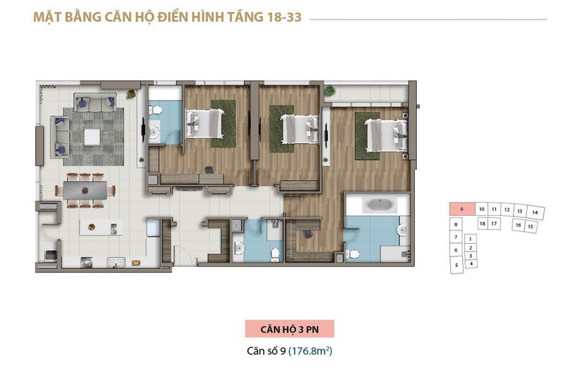 Mặt bằng thiết kế layout căn hộ 3 phòng ngủ saigon royal residence tầng 8 - 17 (tháp 1)