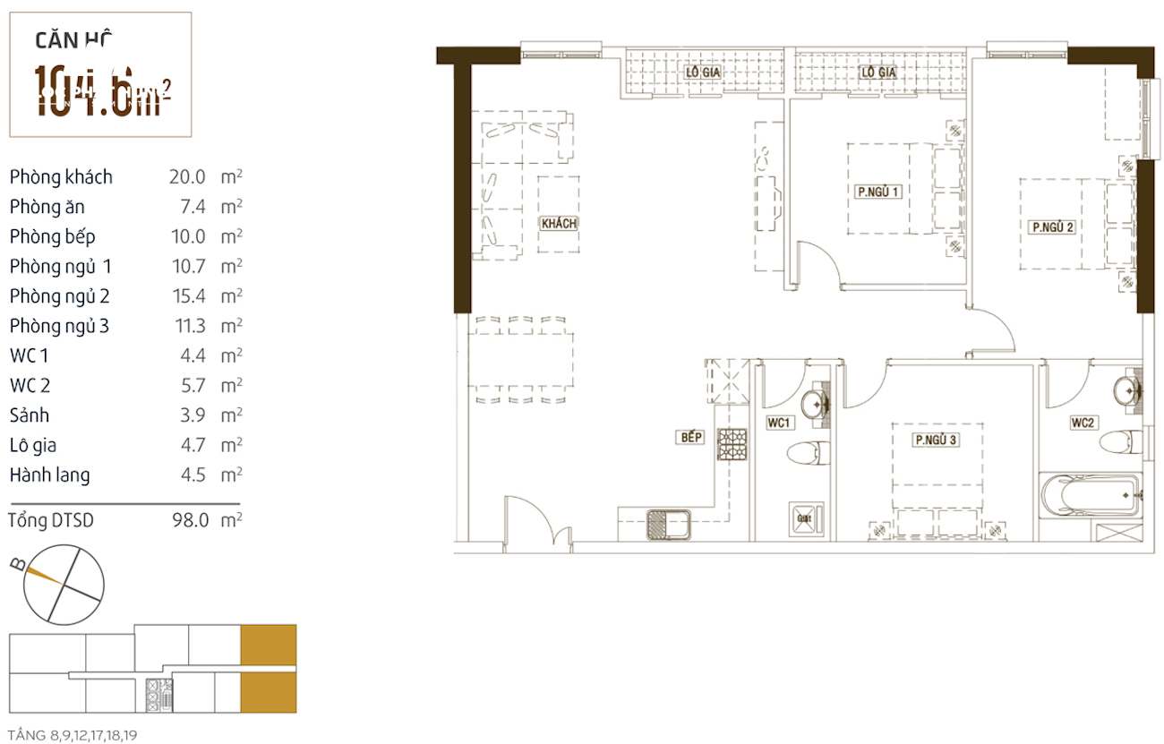 Layout căn hộ 104. 6m2 dự án grand riverside