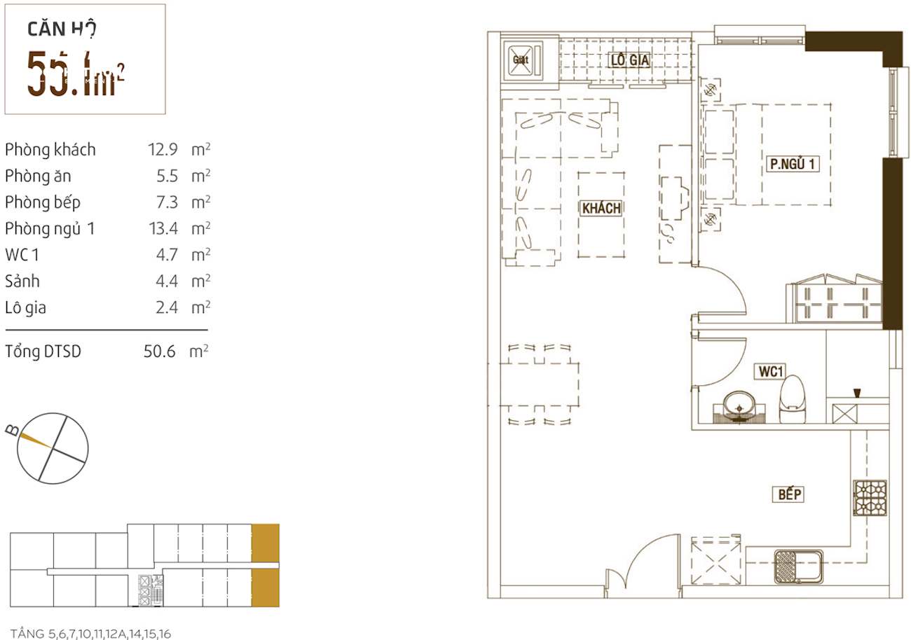 Layout căn hộ 55m2 1 phòng ngủ dự án grand riverside