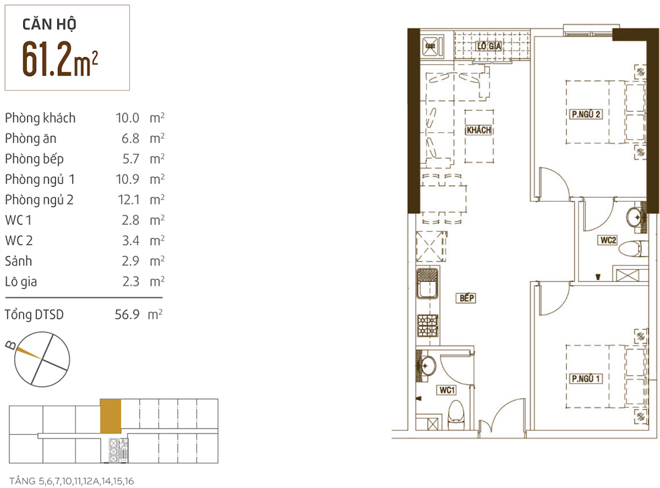 Layout căn hộ 61. 2m2 2pn 2wc  dự án grand riverside