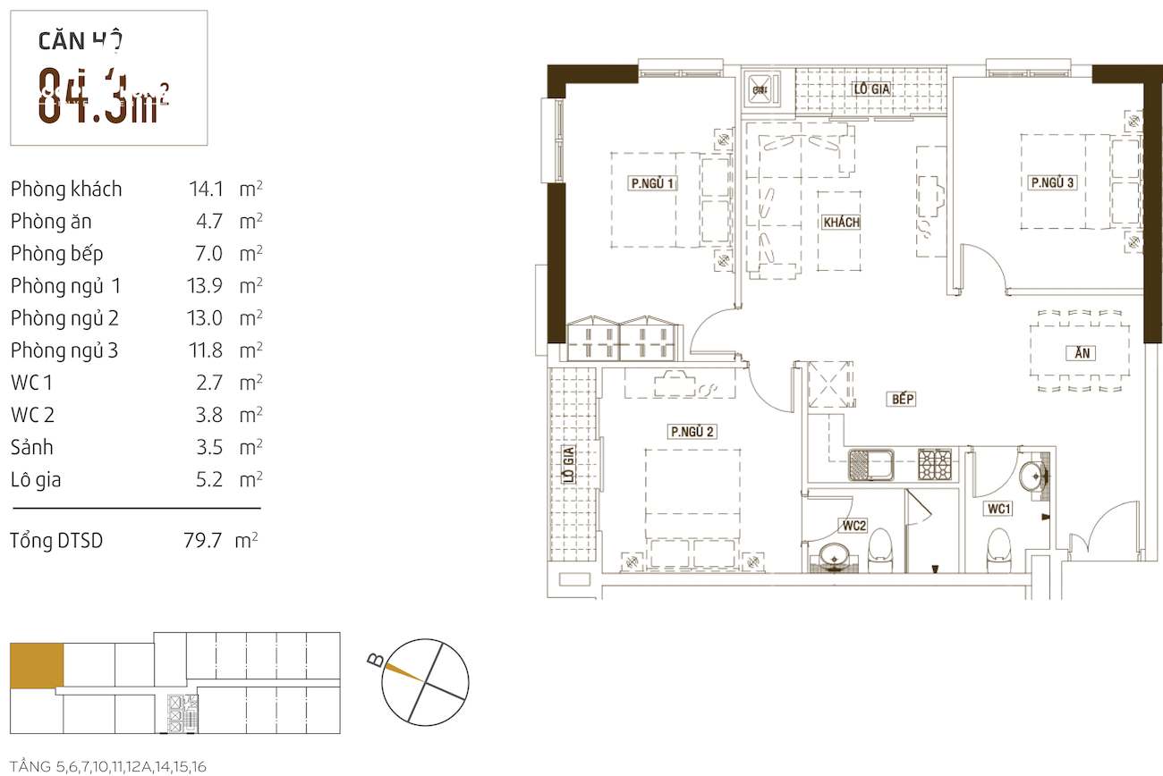 Layout căn hộ 84. 3m2 3pn 2wc  dự án grand riverside