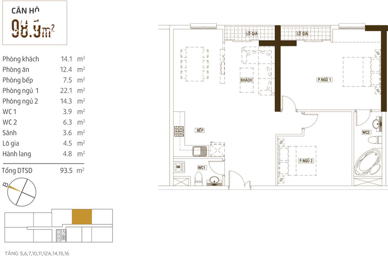 Layout căn hộ 98. 9m2 2pn 2wc  dự án grand riverside