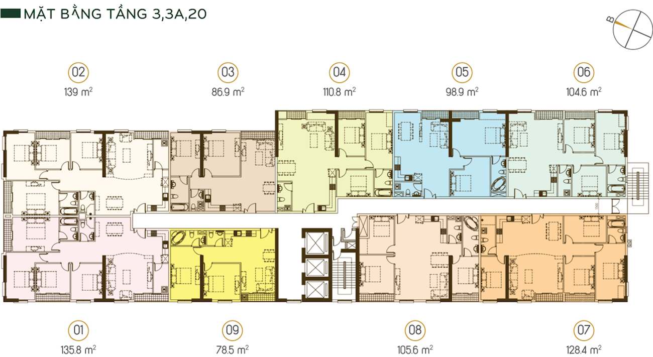 Mặt bằng tầng 3, 3a và tầng 20 được bố trí 9 căn hộ trên 1 sàn, diện tích từ 78. 5m2 – 139m2.