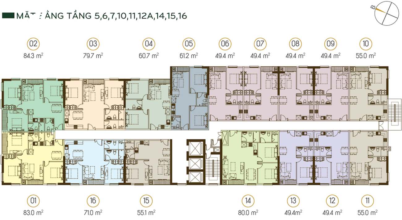 Mặt bằng tầng 5-6-7-10-11-12a-14-15-16 có 16 căn trên 1 sàn, diện tích từ 49. 4m2 – 84. 3m2.