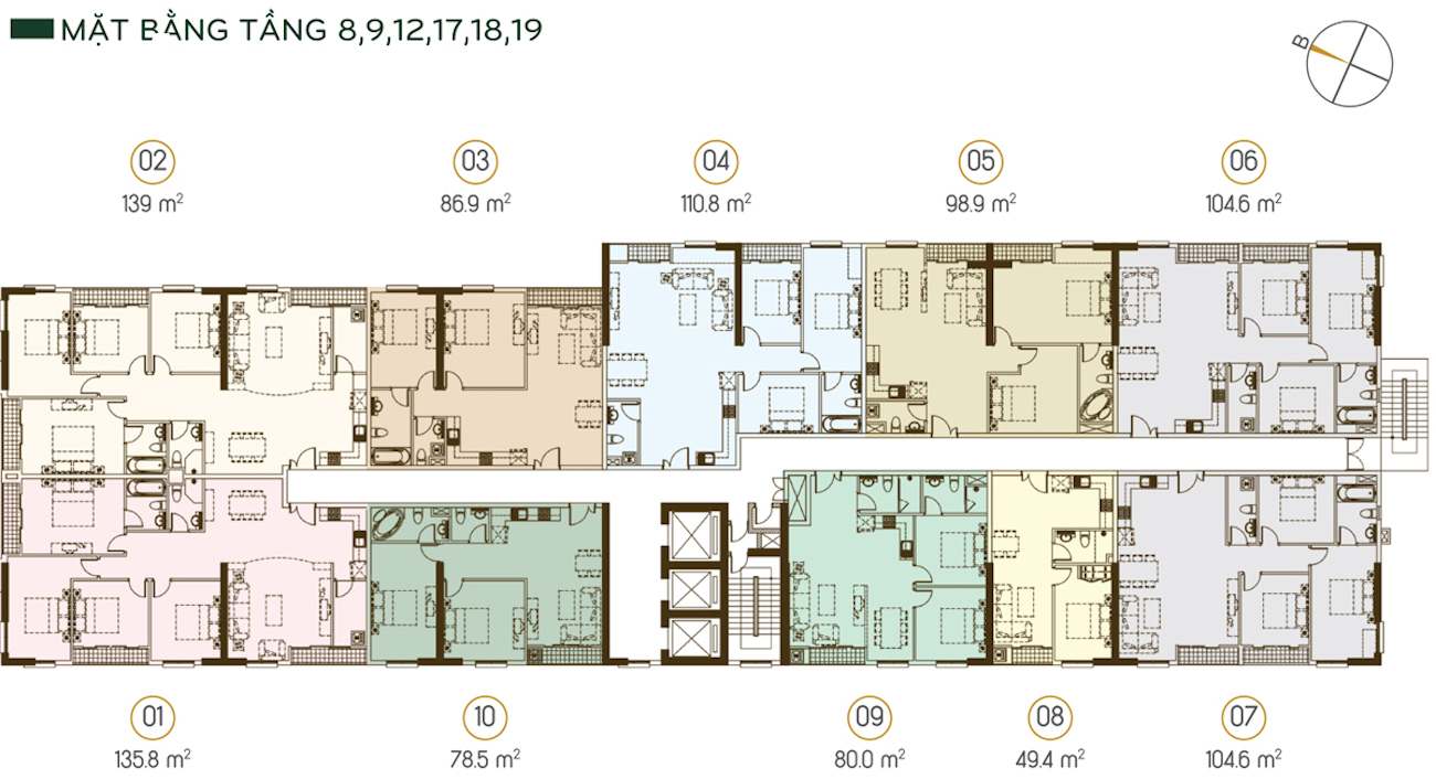 Mặt bằng tầng 8-9-12-17-18-19 được bố trí 10 căn trên 1 sàn, có diện tích từ 49. 4m2 – 139m2 và chỉ có 1 căn 49. 4m2/sàn/tầng.