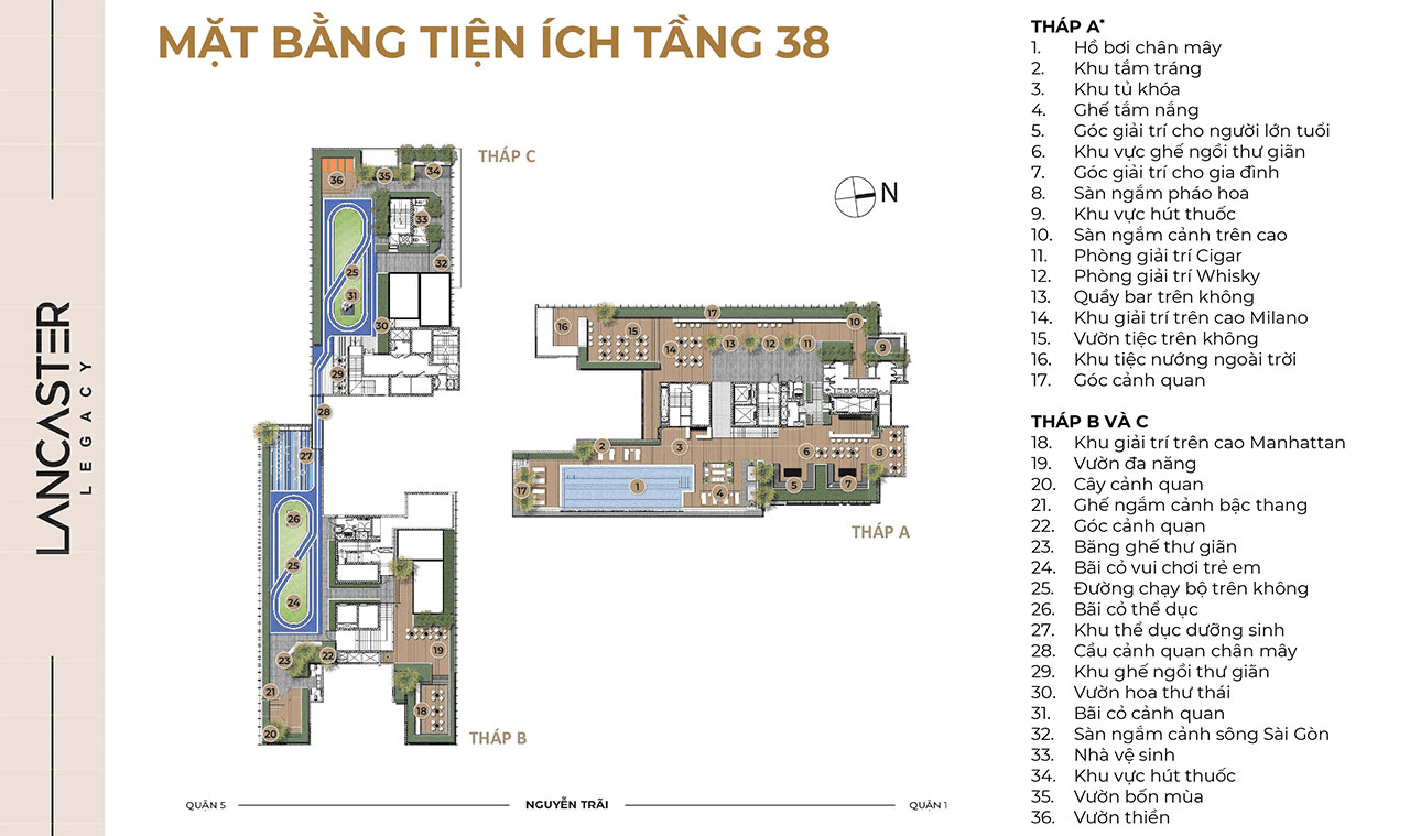 Mặt bằng tiện ích tầng 38 căn hộ cao cấp dự án chung cư Lancaster Legacy quận 1 