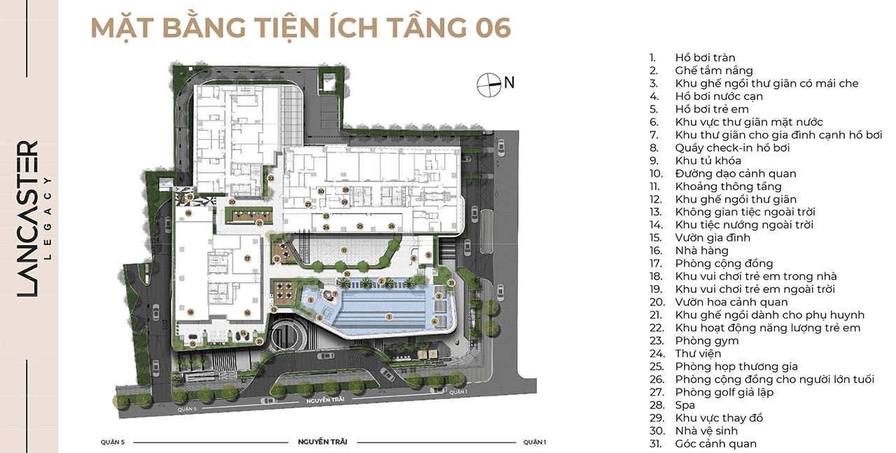 Mặt bằng tiện ích tầng 6 căn hộ cao cấp dự án chung cư Lancaster Legacy quận 1 