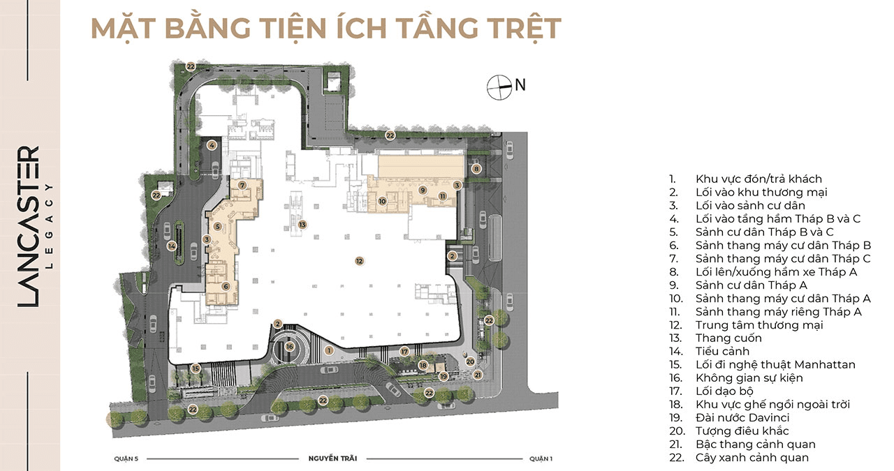 Mặt bằng tiện ích tầng trệt căn hộ cao cấp dự án chung cư Lancaster Legacy quận 1 