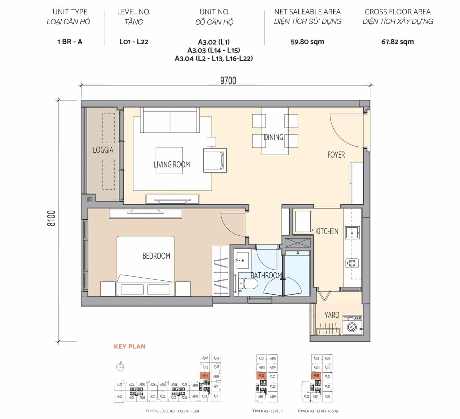 Layout căn hộ 1 Phòng ngủ 