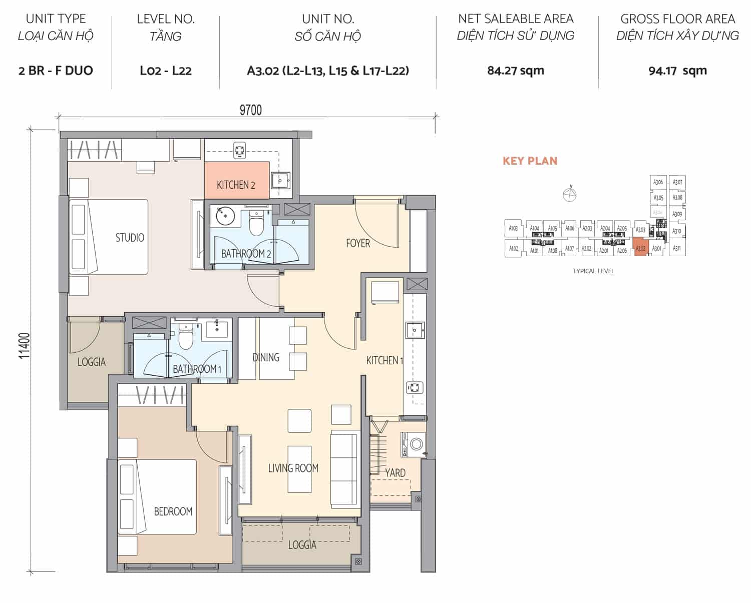 Layout căn hộ 2 phòng ngủ Doukey