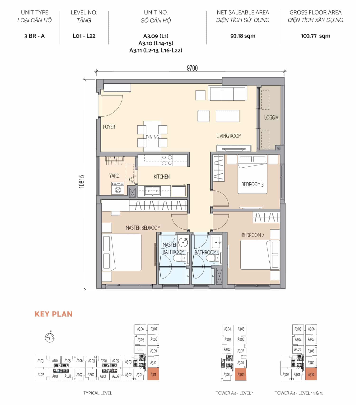 Layout căn hộ 3 Phòng ngủ 