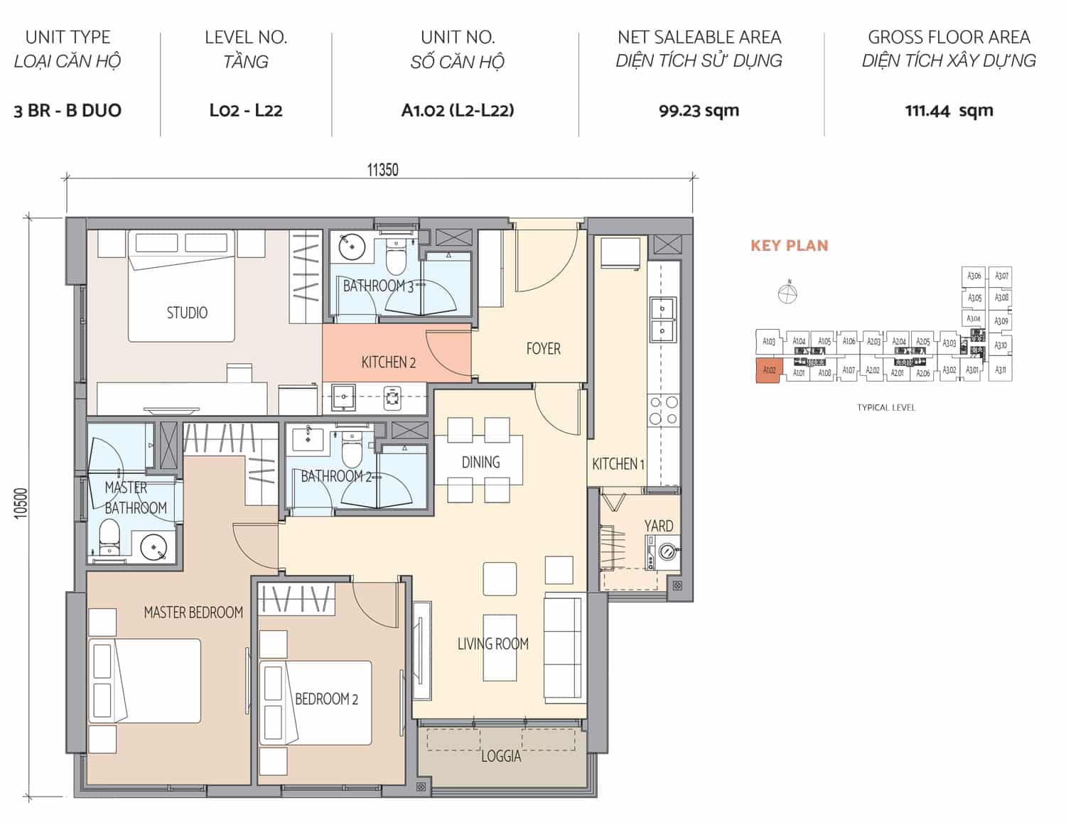Layout căn hộ 3 phòng ngủ Doukey