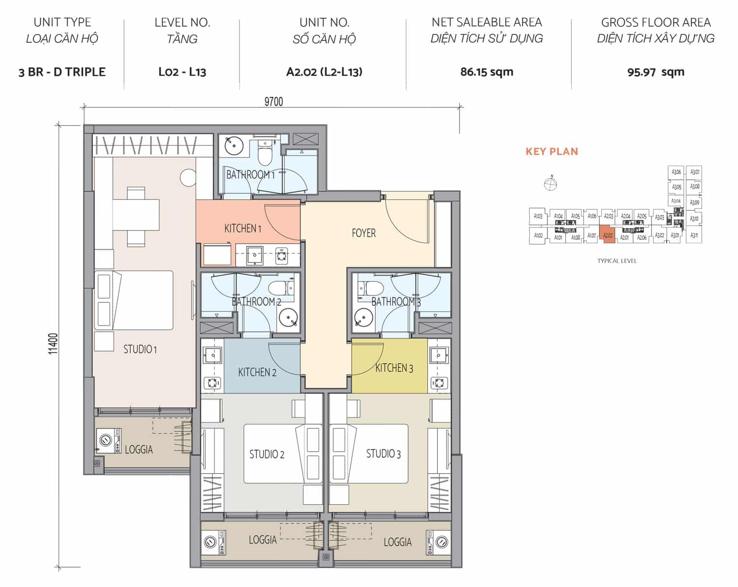 Layout căn hộ 3 phòng ngủ Triokey