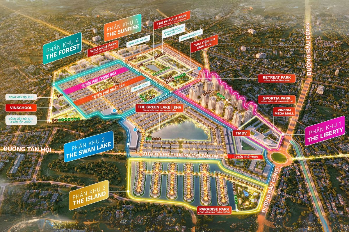 Cập nhật giá bán Vinhomes Green City Đức Hòa 12 Bản đồ tổng thể dự án với các phân khu The Liberty, The Swan Lake, The Island, The Forest, The Sunrise và hệ thống công viên, trung tâm thương mại, trường học