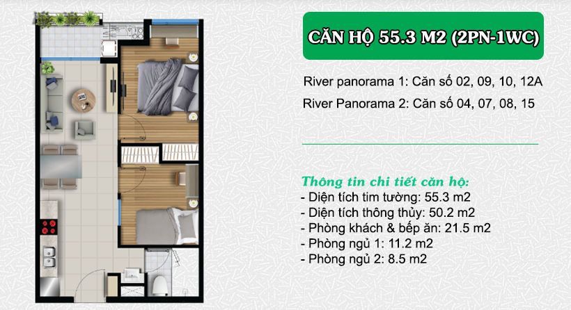 MẶT BẰNG LAYOUT CHUNG CƯ RIVER PANORAMA ANGIA QUẬN 7 24 Thiết kế căn hộ River Panorama 55,3 m2 (2PN – 1WC)