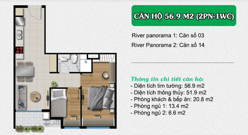 MẶT BẰNG LAYOUT CHUNG CƯ RIVER PANORAMA ANGIA QUẬN 7 25 Thiết kế căn hộ River Panorama 56,9 m2 (2PN – 1WC)
