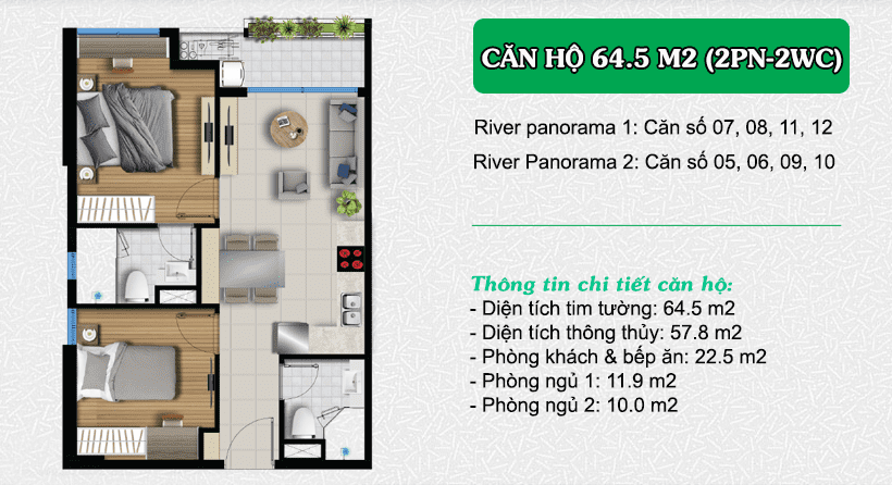 MẶT BẰNG LAYOUT CHUNG CƯ RIVER PANORAMA ANGIA QUẬN 7 28 Thiết kế căn hộ River Panorama (2PN – 2WC)