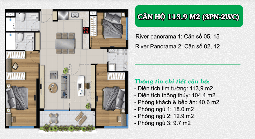 MẶT BẰNG LAYOUT CHUNG CƯ RIVER PANORAMA ANGIA QUẬN 7 30 Thiết kế căn hộ River Panorama 113,9 m2 (3PN – 2WC)