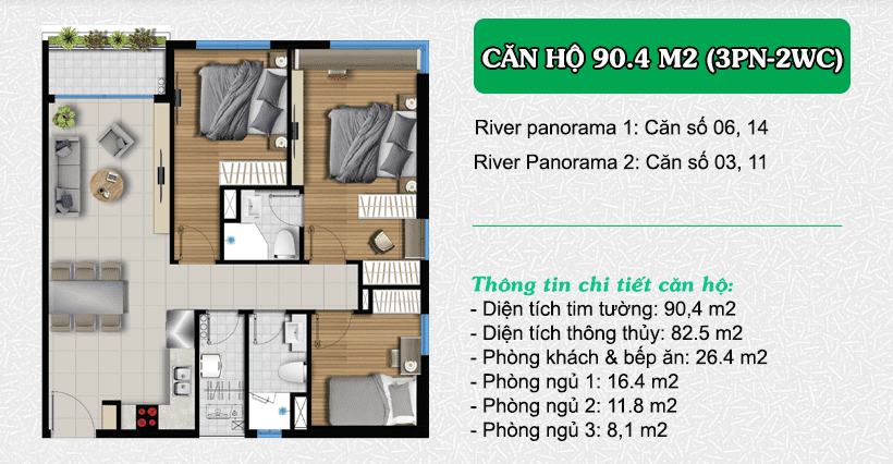 MẶT BẰNG LAYOUT CHUNG CƯ RIVER PANORAMA ANGIA QUẬN 7 29 Thiết kế căn hộ River Panorama 90,4 m2 (3PN – 2WC)