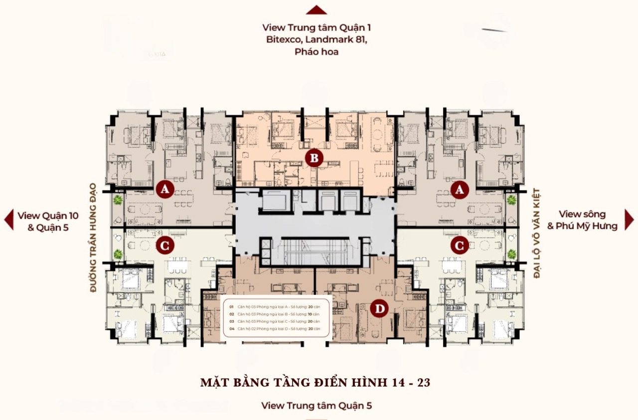 MẶT BẰNG LAYOUT CĂN HỘ KIỀU BY KITA QUẬN 5 39 Mặt bằng tầng 14-23 chung cư Kiều By Kita Quận 5
