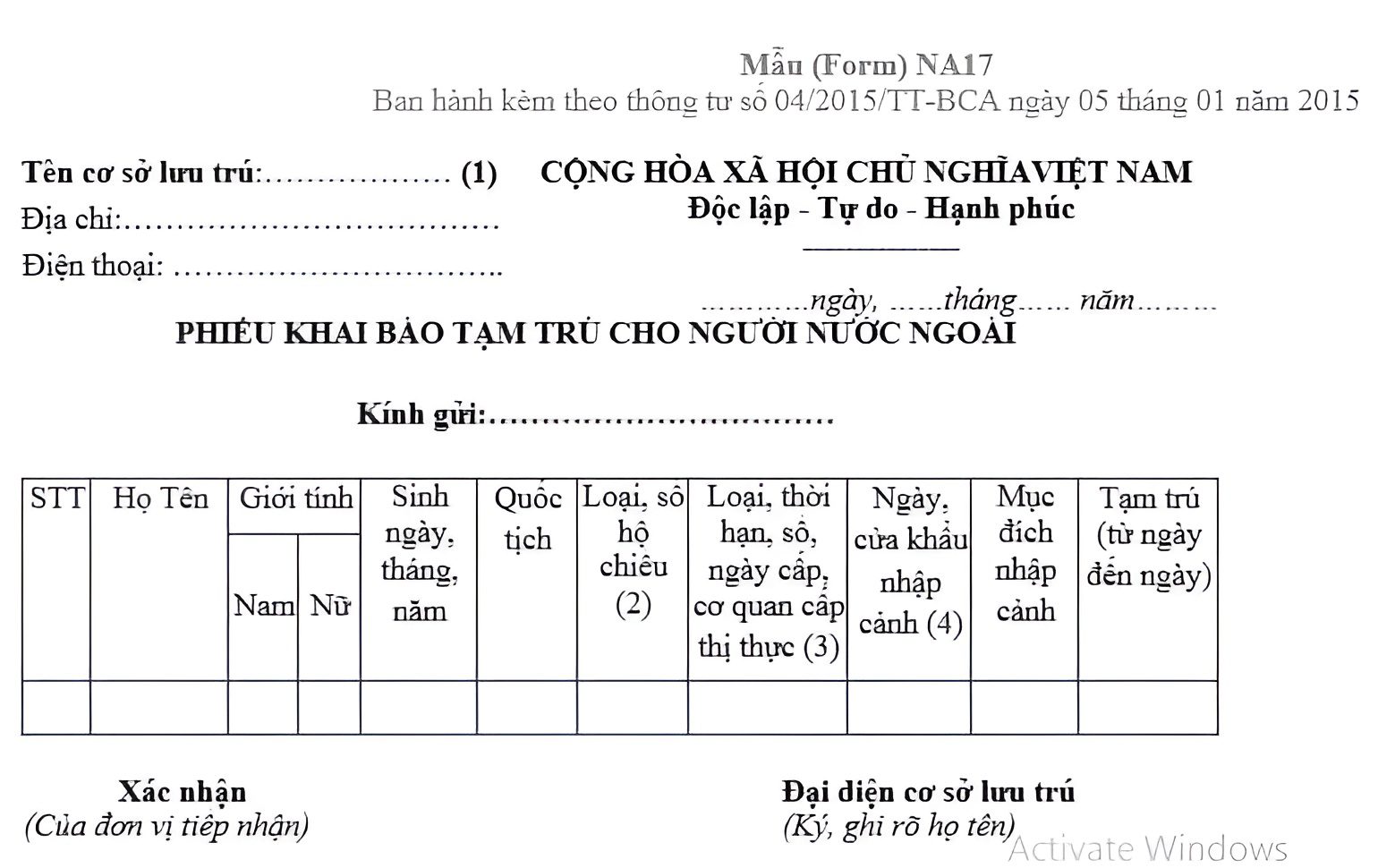 HƯỚNG DẪN ĐĂNG KÝ TẠM TRÚ CHO NGƯỜI NƯỚC NGOÀI TẠI VIỆT NAM 27 Phiếu khai báo tạm trú cho người nước ngoài (mẫu NA17)
