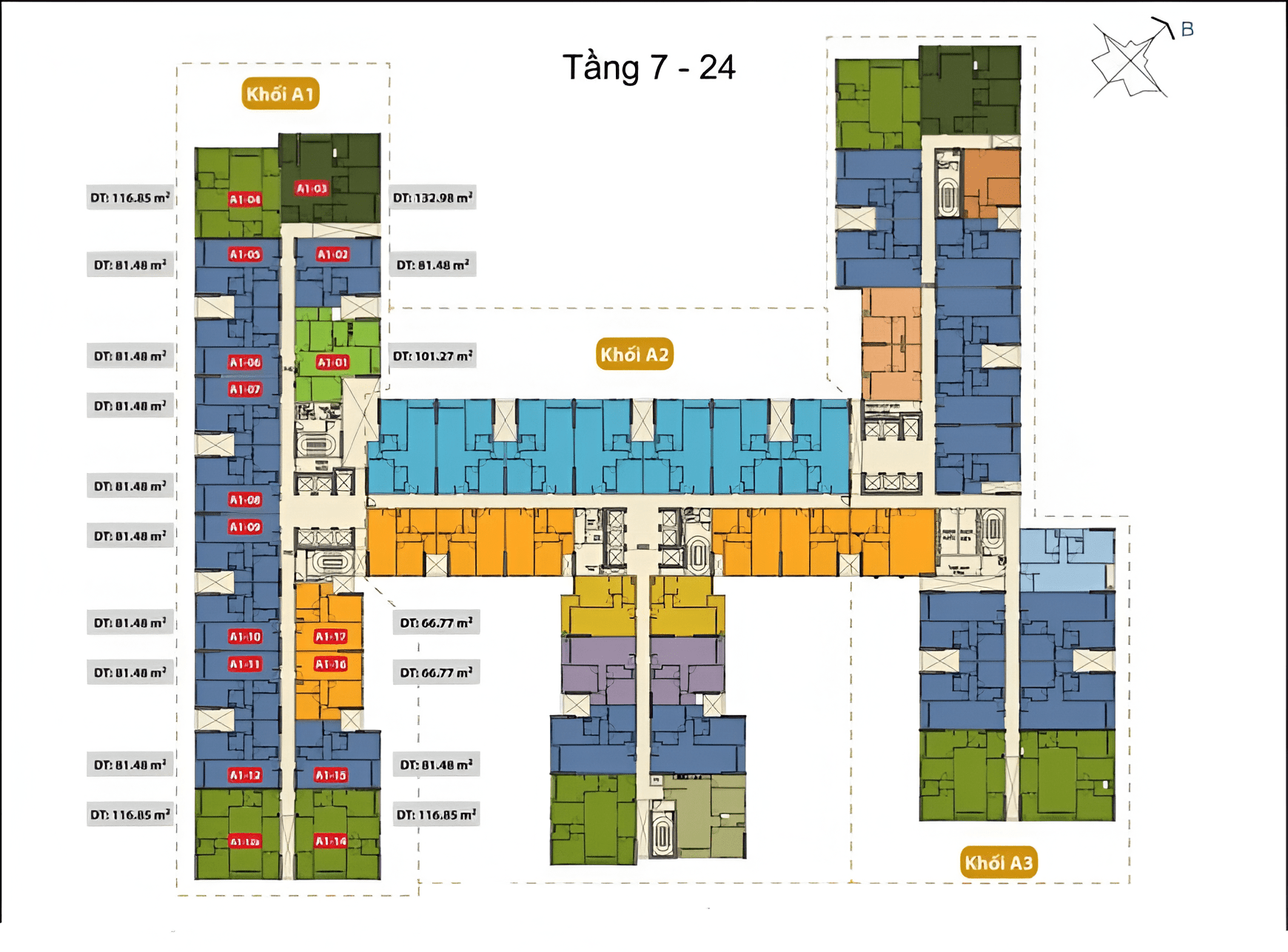 Mặt bằng căn hộ khối A1 tháp A từ tầng 7-24