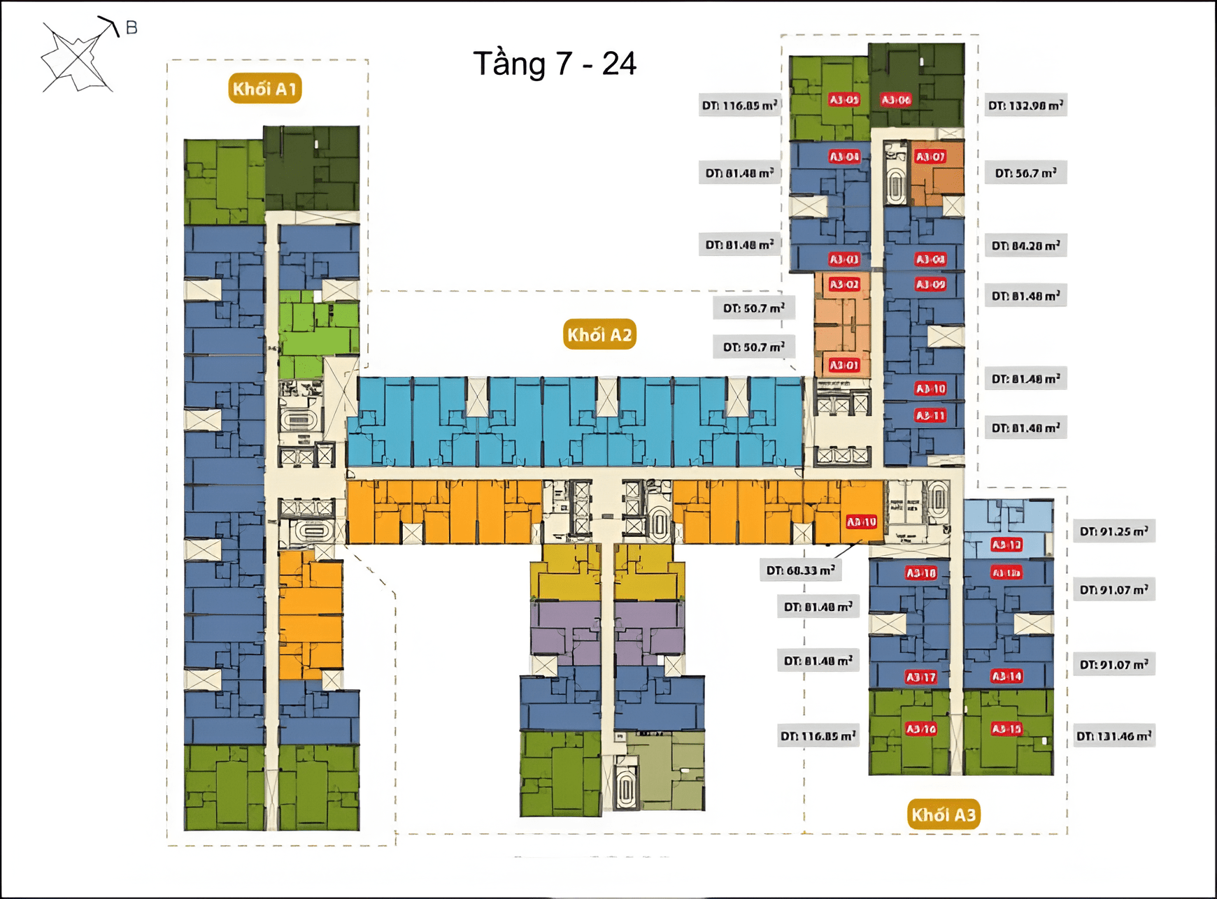 Mặt bằng căn hộ khối A3 tháp A từ tầng 7-24