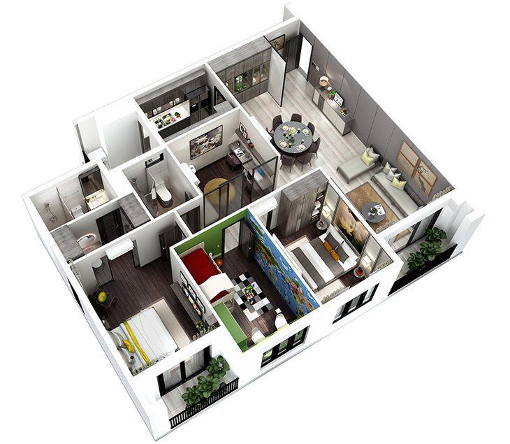 Mặt bằng căn hộ 3 phòng ngủ Hà Đô Centrosa Garden (123,65 m²)