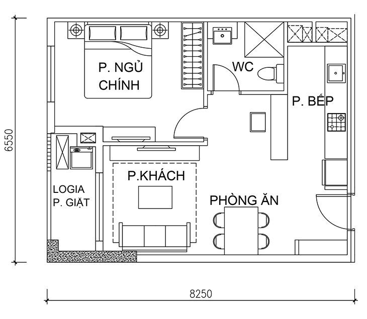 Mặt bằng căn hộ 1 phòng ngủ Hà Đô Centrosa Garden (52,58 m²)
